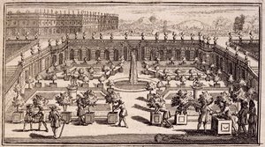 Tuinmannen aan het werk in een sinaasappeltuin, uit Le Parfait Jardinier, ou Instruction pour les Jardins Fruitiers et Potager, door Jean de la Quintinye, gepubliceerd 1695
