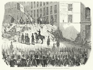 Generaal Lamoriciere onderhandelt met gewapende arbeiders die hun barricade verdedigen buiten de Saint Martin-kazerne, Parijs, 23 juni 1848 (gravure) door French School