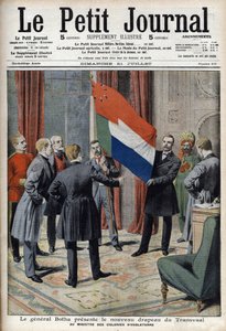 Generaal Pieter Willem Botha (een Boer) presenteert de nieuwe vlag van Transvaal (Zuid-Afrika) aan de Engelse koloniale minister Lord Elgin (