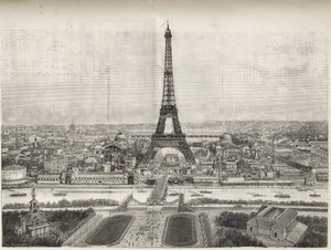 Algemeen overzicht van de Wereldtentoonstelling in Parijs in 1889 met de Eiffeltoren vanaf Trocadero, gravure - Algemeen overzicht van de Wereldtentoonstelling in Parijs in 1889 met de Eiffeltoren, gravure in Le Monde Illustré van 1889