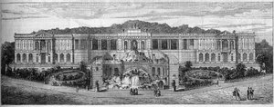 Algemeen uitzicht op het Palais de Longchamp in Marseille, Bouches du Rhone (13), zoals het was voorgesteld door Frederic Auguste Bartholdi in 1859. Gravure in 
