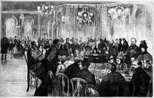 Algemeen uitzicht op de speelzaal van het casino van Monte Carlo. Gravure in 
