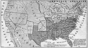 Geografische kaart van de Verenigde Staten van Amerika in maart 1861. Slavernijstaten zijn weergegeven in het rood. In het wit geschreven, de namen van de zeven confederale staten die zich van de Unie afscheidden: Texas, South Carolina, Mississippi, Florid