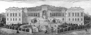 Geometrisch uitzicht op het Palais de Longchamp in Marseille, Bouches du Rhône (13), gebouwd in 1862 door Henri Jacques Espérandieu (1829-1874). Gravure in 