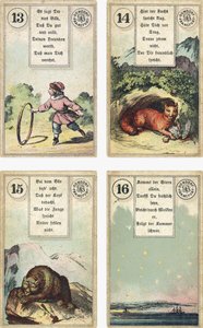 Duitse editie van het Lenormand Franse waarzegkaarten deck: Het Kind, De Vos, De Beer, De Ster, uitgegeven door Dondorf, Frankfurt, 19e eeuw door French School