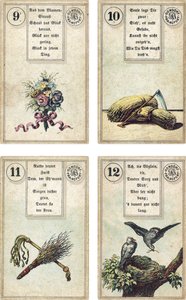 Duitse editie van het Lenormand Franse waarzegkaarten deck: De Bloemen, De Zeis, De Roede, De Zweep, De Vogels, uitgegeven door Dondorf, Frankfurt, 19e eeuw door French School