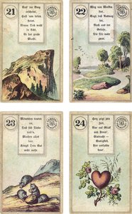Duitse editie van het Lenormand Franse waarzegkaarten deck: De Berg, De Weg, De Muizen, Het Hart, uitgegeven door Dondorf, Frankfurt, 19e eeuw door French School