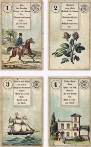 Duitse editie van het Lenormand Franse waarzegkaarten deck: De Ruiter, De Klaver, Het Schip, Het Huis, uitgegeven door Dondorf, Frankfurt, 19e eeuw door French School