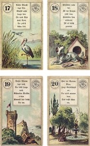 Duitse editie van het Lenormand Franse waarzegkaarten deck: De Ooievaar, De Hond, De Toren, De Tuin, uitgegeven door Dondorf, Frankfurt, 19e eeuw door French School
