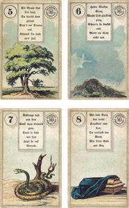 Duitse editie van het Lenormand Franse waarzegkaarten deck: De Boom, De Wolken, De Slang, De Kist, uitgegeven door Dondorf, Frankfurt, 19e eeuw door French School