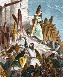 Oorlog tegen Hugues du Puiset door Lodewijk de Dikke: Aanval op het kasteel van Puiset (gelegen in het departement Eure-et-Loir) door de troepen van de koning van Frankrijk LODEWIJK VI de Dikke in 1118. Gravure in 