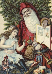 Meisje wordt geïllustreerd boek getoond door de Kerstman door French School