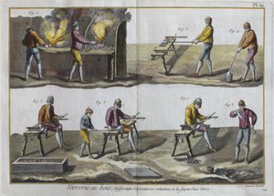 Glasblazen, illustratie uit de Encyclopedie des Sciences et Metiers door Denis Diderot (1713-84) gegraveerd door Robert Benard (fl.1734) gepubliceerd ca.1770