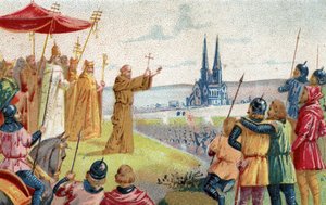 God wil het! Peter de Kluizenaar predikt de Kruistocht (1095 - 1099) Chromolithografie van het einde van de 19e eeuw. door French School
