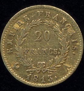 Gouden munt van 20 francs (Napoleon) uit 1813. achterkant. door French School