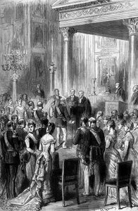 Gouden bruiloft van de Duitse keizer Willem I (1797-1888) en keizerin Augusta (1811-1890): religieuze ceremonie in de kapel van het keizerlijk paleis in Berlijn, juni 1879. Gravure in Le Monde Illustré nr. 1162 van 5 juli
