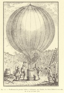 Oplaten van de eerste waterstofballon, door Charles, de gebroeders Robert en een assistent, van 23 tot 26 augustus 1783 door French School
