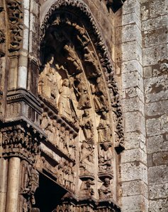 Gotische kunst: (detail) van het timpaan van het koninklijke portaal van de Basiliek van Notre Dame de Chartres door French School
