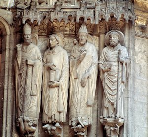 Gotische kunst: voorstelling van Sint-Maarten, Sint-Hieronymus, Sint-Gregorius I en Sint-Avitus van Wenen - Centrale baai van het zuidportaal van de Basiliek Notre Dame de Chartres door French School