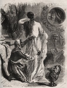 Griekse mythologie: de koning van Lydie Candaule toont zijn vrouw naakt aan zijn vertrouweling Gyges, die zich in de schaduwen verbergt wanneer ze zich in de slaapkamer ontkleedt. Gravure uit 1871 in "Histoire Des Cocus Celebres" door Henry de Kock door French School