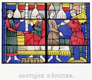 Kruidenierswinkel. Facsimile van een glas-in-lood uit de Middeleeuwen in “Histoire de la peinture sur verre” by Ferdinand de Lasteyrie door French School
