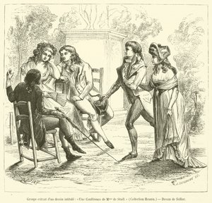 Groep uit een tekening getiteld, Een conferentie van Madame de Stael, Collectie Hennin door French School