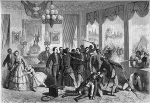 Spaans-Zuid-Amerikaanse oorlog - Lima (Peru) - 5 februari 1865: de gewonde Spanjaarden, achtervolgd door de bevolking van de stad, zoeken toevlucht in de Franse legatie door French School