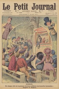 Guignol en Gnafron, beroemde Franse poppen uit een voorstelling uit Lyon (kleurenlitho)