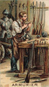 Geweermaker aan het werk in zijn werkplaats (chromolitho) door French School