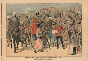 Habibullah Kahn (1872-1919) Emir van Afghanistan arriveert in Peshawar, India, illustratie uit 