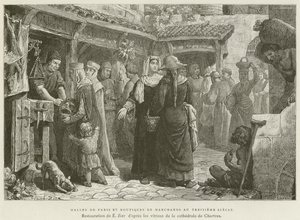 Markthallen van Parijs en winkels van handelaren in de dertiende eeuw door French School