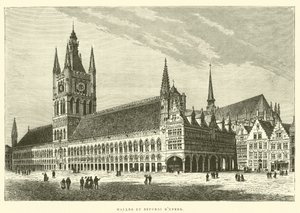 Hallen en Belfort van Ieper (gravure) door French School