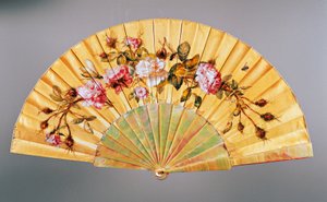 Handwaaier met rozen en insecten, zijde en parelmoer, gemaakt door Felix Alexandre, Parijs, ca. 1870 door French School