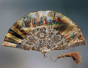 Waaier met scène van spelende kinderen, papieren blad met aquarel lithografie en parelmoeren ribben door French School