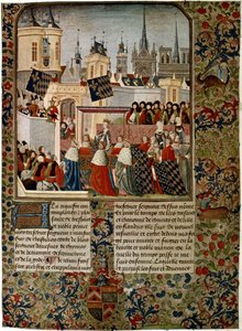 Intocht van Koningin Isabella, vervreemde gemalin van Edward II, in Parijs in 1325, uitgevoerd door Jean Froissart voor de historicus Philippe de Comines door French School