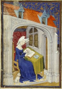 (detail) Miniatuur van Christine de Pizan in haar studeerkamer aan het begin van de 