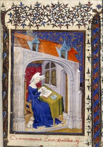 Detail van een miniatuur van Christine de Pizan in haar studeerkamer aan het begin van de 
