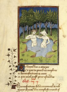 Miniatuur van Hermaphroditus en de nimf Salmacis die baden in een meer, uit 