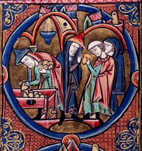 Harley Ms.1526 fol.27 Menelaüs levert het schattinggeld aan Antiochus, koning van Syrië, en verzekert zichzelf het hogepriesterschap met de omkoping, eind 13e eeuw