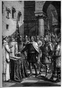 Harold, koning van de Engelsen, zweert trouw aan Willem, hertog van Normandië (Willem I) - Harold II (1020-1066) laatste Angelsaksische koning gekroond in 1064, die een eed aflegt op de heilige relieken voor Willem I de Veroveraar om zijn zaak te steunen o