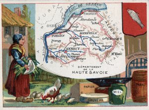Haute Savoie (Haute-Savoie, 74), Rhone Alpes, Frankrijk. Lokale specialiteit: papier, gruyere, honing, tabak en hoogovens. Serie over de Franse departementen. Chromolithografie 