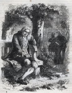 Hij hoorde het gefluister van een kus. De Zwitserse filosoof Jean Jacques (Jean-Jacques) Rousseau (1712-1778) betrapt zijn metgezel Marie-Therese (Marie Therese) Le Vasseur (Levasseur) (1721-1801) op overspel. Gravure uit 1871 in 