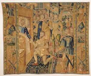 Henri III (1551-89) de Valois geeft de insignes van macht aan Henri III (1553-1610) de Bourbon