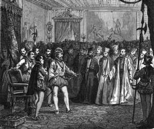 Hendrik IV voor de vergadering van notabelen in Rouen. In 