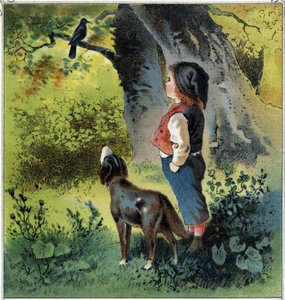 Henri observeert een merel op een tak in het bos en denkt na over zijn leven als hij een vogel was. Chromolithografie uit 