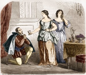 Hendrik IV (1553-1610), Koning van Frankrijk wordt bediend door halfnaakte vrouwen. Gravure in 