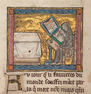 Kluizenaar schrijft aan een bureau, miniatuur uit "Estoire del Saint Graal, La Queste del Saint Graal, Morte Artu", c.1315-25 door French School