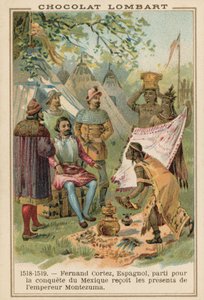 Hernan Cortes ontvangt geschenken van de Azteekse keizer Montezuma, Mexico, 1518-1519