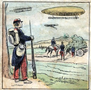 Geschiedenis van Aluminium. Constructie van vliegtuigonderdelen en vliegtuigballonnen gemaakt van aluminium waarvan het lichte gewicht gemakkelijker vliegen mogelijk maakt. Epinal afbeelding, eind 19e eeuw. Privécollectie. door French School