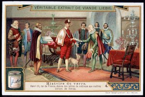 Geschiedenis van glas: Hendrik III (1551-1589) Koning van Frankrijk verleent adelsbrieven aan de meester-glasmakers van Venetië. Eind 19e eeuw liebig chromolithografie door French School